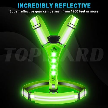Topward LED Reflective Vest Running Gear, USB-C Rechargeable, Light Up Lights for Night Dog Walking Cycling, Running Phone Holder Vest for Runners, High Visibility with Adjustable Waist/Shoulder - color: green