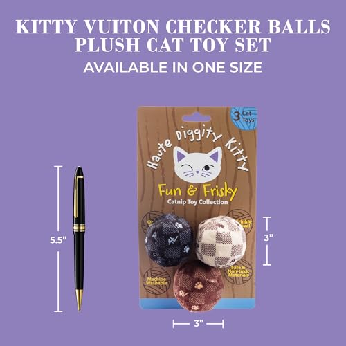 Haute Diggity Kitty Vuiton Checker Balls Set, Plush Cat Toys Catnip Filled with Interactive Crackle Sound, Safe & Durable Toys for Cat & Kitten, 3 Pcs - style: Kitty Vuiton Checker Balls