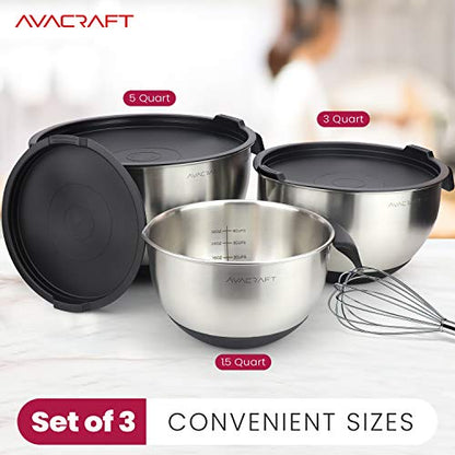 AVACRAFT 18/10 Stainless Steel Mixing Bowls with Lids, non slip silicone base bowls with Handle, Mixing Bowl Set with Pour Spouts & Measurement Marks, Home Essentials Cooking Bowls, (Black) - color: Black