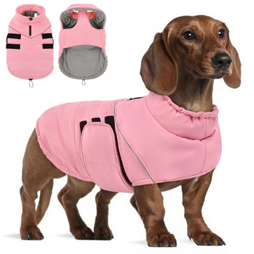 Peferhouse Medium Dog Winter Coat - Warm, Windproof Reflective Jacket with Harness Hole - Thick Dog Vest - Pink - color: Pink, size: Medium