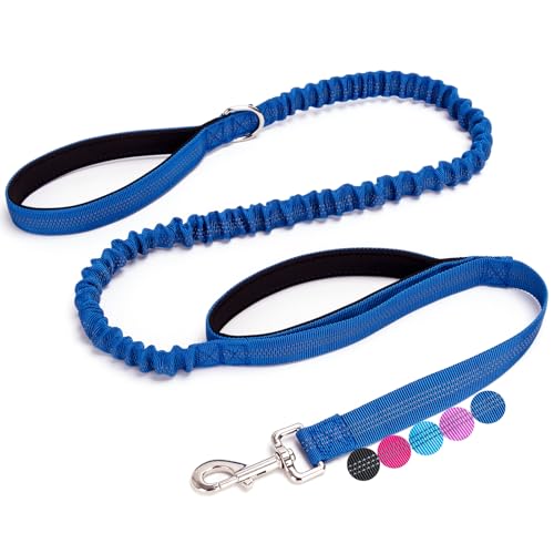 5 FT Bungee Dog Leash with 2 Handles, Reflective Strong Nylon Traffic Leash, Shock Absorbing Lead for Large Medium Dogs Walking Training Controlling, Dark Blue - color: Dark blue