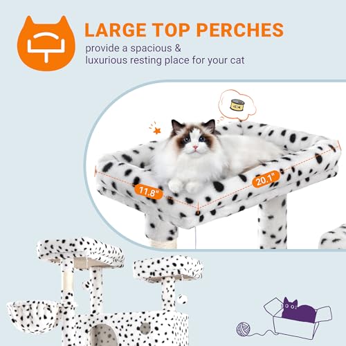 Allewie 81 Inches Tall Cat Tree/Multi-Level Large Climbing Tree House and Towers for Big Feline/Condo and Hammock/Scratching Post/Wide Base/White & Black Spot - color: White & Black Spo