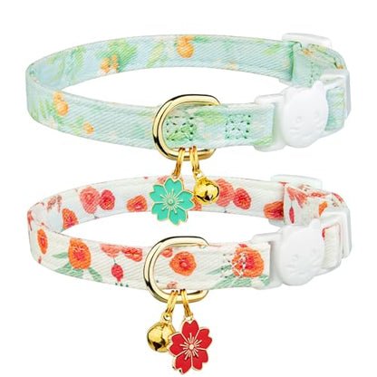 2 Pack Cotton Breakaway Cat Collar Green and Red Flowers Pendant Cute Kitten Cat Collar with Bell - color: Green&Red
