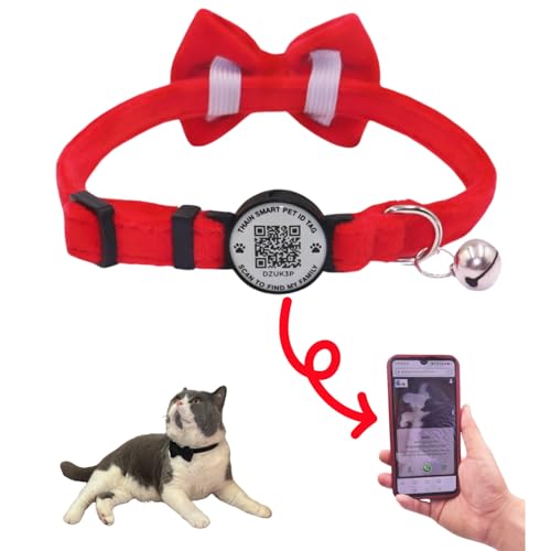 THAIN Personalized Cat Collar with Bell and Bowtie Breakaway QR Code Name Smart ID tag Quick Release Soft Comfortable Collar for Cats and Kittens (Red) - color: Red