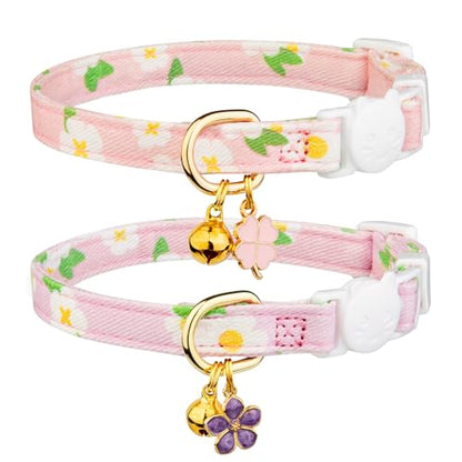2 Pack Cotton Breakaway Cat Collar Purple and Pink Flowers Pendant Cute Kitten Cat Collar with Bell - color: Purple&Pink