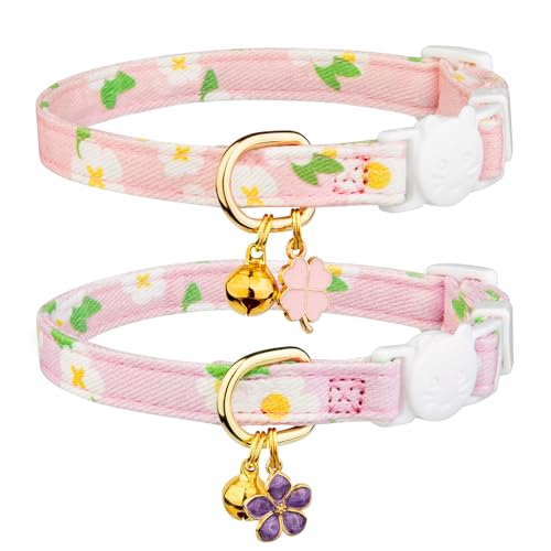 2 Pack Cotton Breakaway Cat Collar Purple and Pink Flowers Pendant Cute Kitten Cat Collar with Bell - color: Purple&Pink