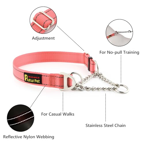 Plutus Pet Martingale Dog Collar with Stainless Steel Chain and Reflective Nylon, Adjustable No Pull Training Collar, for Small Medium, and Large Dogs, Pink, S - color: Pink, size: Small