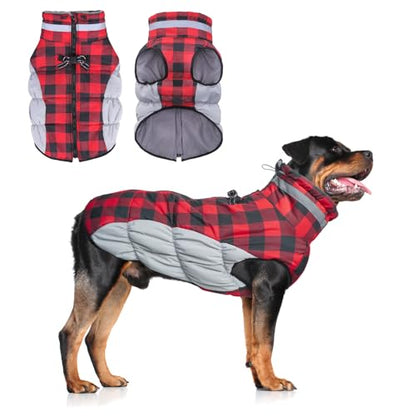 BEAUTYZOO Dog Winter Coat with Harness Built in, Reflective Plaid Puffer Vest Waterproof for Large Dogs, Fleece Warm Puppy Zipped Jacket with D Ring, Pet Cold Weather Sweater Clothes, Red L - color: Red Buffalo, size: Large