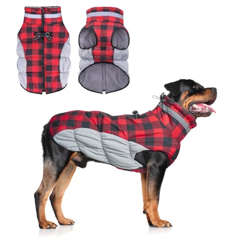 BEAUTYZOO Dog Winter Coat with Harness Built in, Reflective Plaid Puffer Vest Waterproof for Large Dogs, Fleece Warm Puppy Zipped Jacket with D Ring, Pet Cold Weather Sweater Clothes, Red L - color: Red Buffalo, size: Large