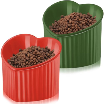 Mumufy 2 Pcs Ceramic Elevated Cat Bowls Tilted Elevated Raised Pet Bowls Anti Vomit Cat Dish for Indoor Stress Free Water Dish Feeder for Puppies, Heart Shaped (Red, Green) - color: Red, Green