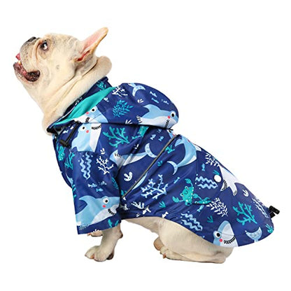 HDE Dog Raincoat Poncho Double Layer Zip Rain Jacket with Removable Hood, Leash Hole for Small to 3XL Dogs and Puppies Sharks - S - color: Sharks, size: Small