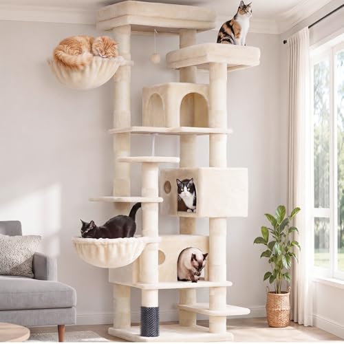 Hey-brother Cat Tree, 74 inches Multi-Level XL Large Cat Tower for Indoor Cats with Three Cat Condos, Two Large Top Decks and Cat Hairbrushfor Kittens, Cats and Pets, Beige MPJ035-MM - color: Beige