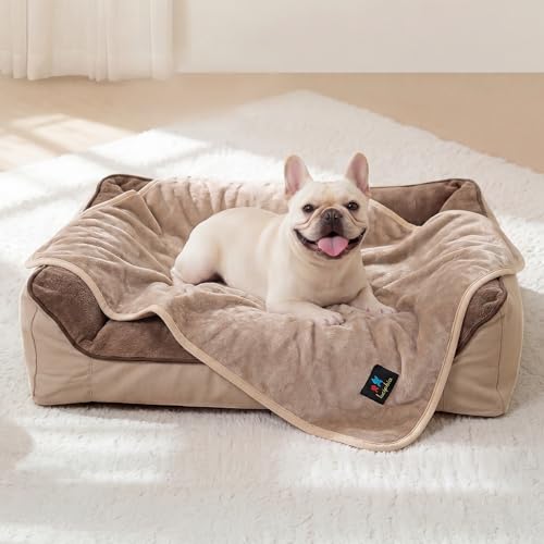 Luciphia Waterproof Blanket for Dog Washable Reversible Sherpa Fleece Throw Blanket for Bed Couch Soft Liquid Pee Proof Furniture Cover Protector for Small Medium Large Pet Cat Khaki 40" x 28" - color: Khaki+white, size: S (40" x28")