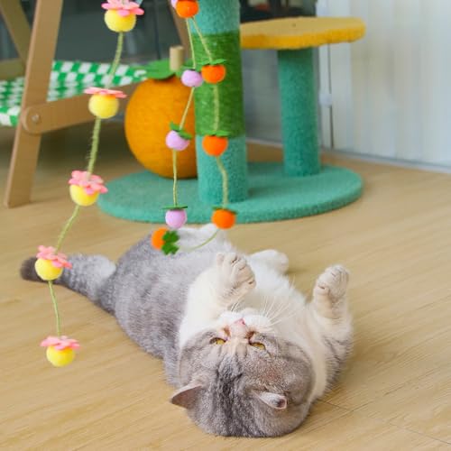 Cat Wand Toy with Bell – Bamboo Cat Teaser Stick for Playful Cats – Orange Persimmon - color: Orange