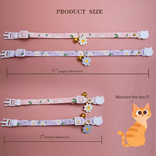 2 Pack Cotton Breakaway Cat Collars with Bell Flower Pendant Kitty Kitten Collars Pink Purple Collar for Female Girl Cats Male Boy Cats - color: Pink&Purple