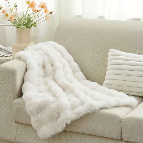 Leximan Cozy Faux Fur Throw Blanket for Couch, Reversible Plush Fluffy Decorative Bubble Throw for Sofa and Living Room, Soft Lap Blanket for Bed, Dog & Cat (White, 30''x40'') - color: White, size: 30''x40''