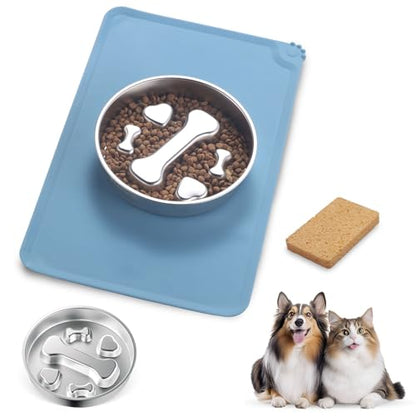 Stainless Steel Slow Feeder Dog Bowls – Non-Slip Metal Dog Bowl for Large & Medium Breeds, Puppy Puzzle Feeder – 2 Cup Capacity for Small to Big Pets – Durable Slow Feed Dog & Cat Food Dish with Mat - color: Bone&Heart With Mat-Blue