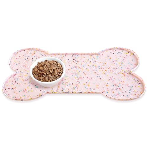 PWTAA Dog Food Mat Anti-Slip Silicone Dog Bowl Mat Thicker Pet Placemat Waterproof Cat Feeder Pad with Raised Edge Puppy Kitten Feeding Mats Suitable Small Medium-Sized Dogs Cats Eating Tray - color: Donut Pink, size: 25.6" x 13"