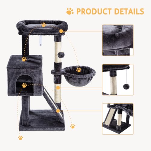 SHA CERLIN Cat Tree 36 Inches Cat Tower with Hammock, Sisal Scratching Post for Indoor Kittens, Small Room, Smoky Grey - color: SMOKY GREY