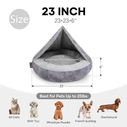 Cozy Soft Dog Bed with Hooded Blanket Warm Calming Cat Cave for Small Medium Dogs and Cats, Non-Slip Bottom & Machine Washable Pet Beds, Grey 23x23x6″ - color: Grey, size: Small(23"x23"x6")