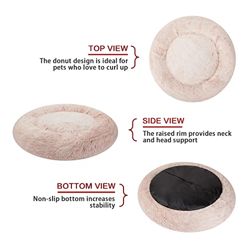 Bedfolks Calming Donut Dog Bed Cat Bed, 23 Inches Round Fluffy Dog Beds for Small Dogs, Machine Washable Anti-Anxiety Plush Puppy Bed（Pink, Small） - color: Pink, size: 23.0"L x 23.0"W x 7.0"Th