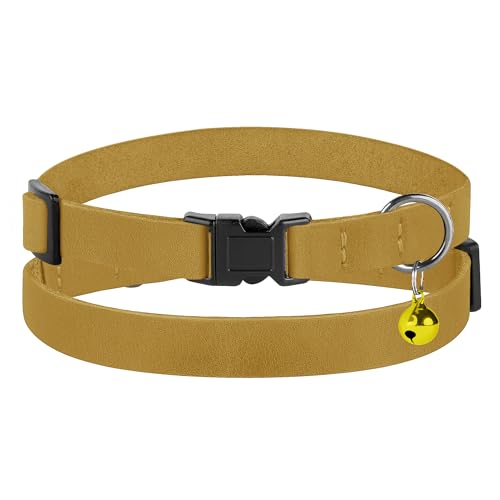 Breakaway Cat Collar Leather with Removable Bell - 13 Colors Available - Soft Adjustable Girl Boy Safety Lightweight Pet Kitten Collars Pink Brown Blue Green Red Orange Black (Mustard) - color: Mustard