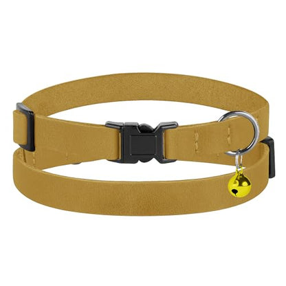 Breakaway Cat Collar Leather with Removable Bell - 13 Colors Available - Soft Adjustable Girl Boy Safety Lightweight Pet Kitten Collars Pink Brown Blue Green Red Orange Black (Mustard) - color: Mustard