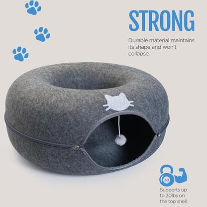 Meow Mansion Large Cat Cave Donut - Cat Tunnel; up to 30lbs - 3 Toy Balls & Hanging Ball Included - Scratch Resistant, Detachable and Cleanable Cat Donut Bed - color: Gray