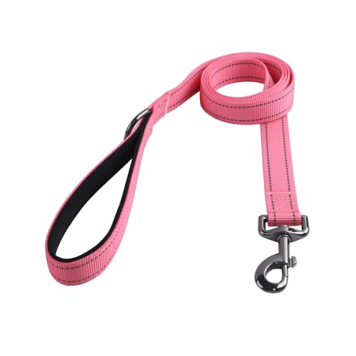 Dog Collar Leash Set, Durable Polyester with Safety Reflective Strips, 5 ft Matching Leash, Neoprene Padded Handle, Adjustable 4 Sizes for Small Medium Large Dogs.(S, Pink) - color: Solid Pink, size: Small