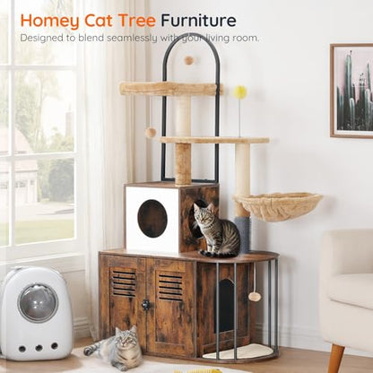 HOOBRO Cat Tree with Litter Box Enclosure, All-in-One 31.5" Cat Tower with Hidden Litter Box Cover Furniture for Indoor Cats, Versatile Cat Condo with Sisal Posts, Hammock, Rustic Brown FG45MZ03 - color: Rustic Brown