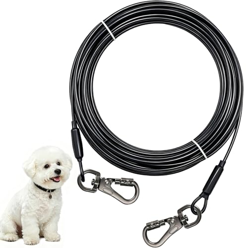 Dog Tie Out Cable - Chew Proof Steel Wire Lead - 360° Tangle Free Outdoor Leash for Pups - Dog Runner Cable for Small to Medium Dogs (Black, 45lbs/50ft) - color: Black, size: 45lbs/50ft