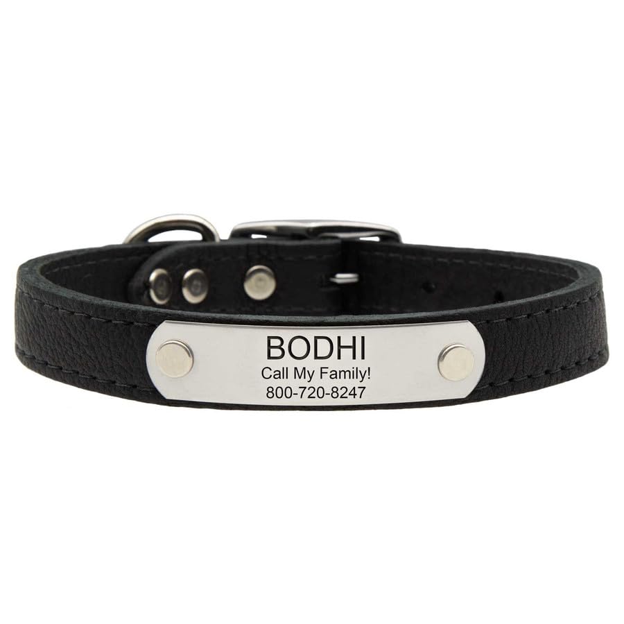 dogIDs Personalized Soft Designer Leather Dog Collar - Adjustable, Odor Resistant, Built-in Custom Laser Engraved Rivet on Name Plate - Midnight Black - 1/2 in Wide x 7 in Neck - color: Midnight Black, size: 1/2 in wide x 9 in (its 6-8 inch necks)