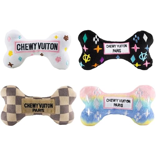 Haute Diggity Dog Chewy Vuiton Bones Plush Squeaky Dog Toys, Soft Durable Designer-Inspired Stuffed Puppy Chew Toys for Small & Medium Dogs, Machine-Washable (Assorted Colors) One Size, 4 Pcs - color: Checker Chewy Bone Variety Set, size: One Size