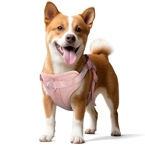 Dog Harness Medium Sized, Pet Vest with Front Clip, Adjustable Puppy Harness with 3 Fast Release Buckles[Easy to Put on & Take Off] (Pink, M) - color: Pink, size: M: Neck=17"-22"/Chest=15"-28"