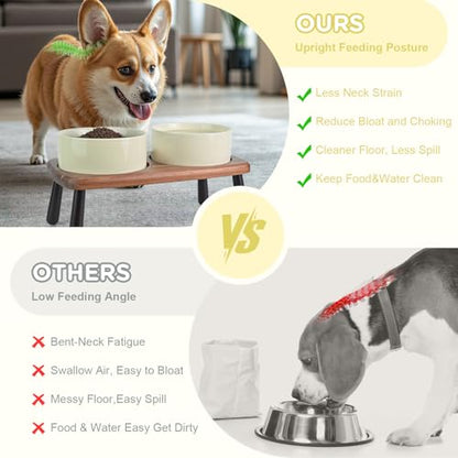 SPUNKYJUNKY Ceramic Elevated Dog Bowls Raised with Acacia Bamboo Wooden Stand, 6.1'' Dog and Cat Food Water Bowls Set Non-Slip for Small Medium Sized Breed Microwave Dishwasher Safe - 28.7 OZ,Beige - color: Beige, size: 6.1 in - Dual