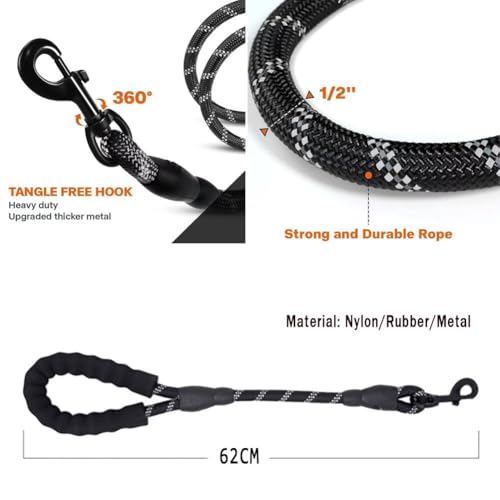 Dog Leash with Soft Padded Handle & Silver Reflective Strips - 24-Inch Heavy Duty Nylon Dog Lead, Anti-Chew Layer, 360° Swivel Clip for Tangle-Free Walking (Black)