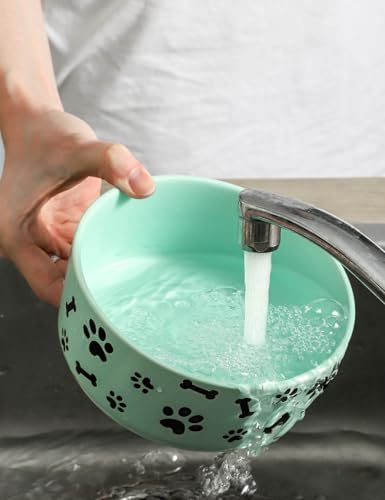 UBEE Ceramic Dog Bowl Set of 2, 6.5 inch Dog Food Bowl Dish with Bone Paw Pattern, Pet Food Water Dish Feeding for Small and Meidum Dogs and Large Cat, Green - color: Green-dog paw, size: 6.5 inch x 2