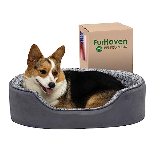Furhaven Dog Bed for Large/Medium Dogs w/ Removable Washable Cover & Pillow Cushion Insert, For Dogs Up to 30 lbs - Two-Tone Faux Fur & Suede Oval Lounger - Gray, Large - color: Two Tone Gray, size: Large
