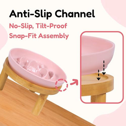 Slow Feeder Bowl, 6.3″ Elevated Cat Bowl with Stand, Melamine Wide Shallow Food Bowl, Whisker-Friendly Raised Plate, Wet Food Feeder for Slow Eating (Pink) - color: Pink, size: 1 Pack with Stand - 6.3''W x 1.5''H