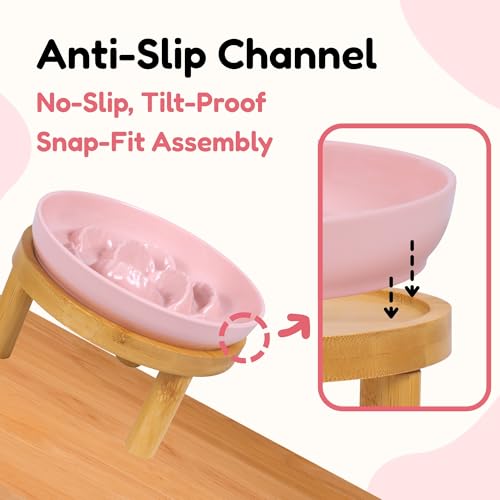 Slow Feeder Bowl, 6.3″ Elevated Cat Bowl with Stand, Melamine Wide Shallow Food Bowl, Whisker-Friendly Raised Plate, Wet Food Feeder for Slow Eating (Pink) - color: Pink, size: 1 Pack with Stand - 6.3''W x 1.5''H