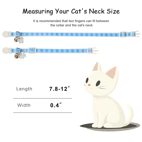 2 Pack Cute Cat Collars - Blue Plaid & Floral Breakaway Cat Collars, Adjustable Boy Girl Kitten Safety Collar for Small Dogs Puppy, Everyday Pet Collar with Bell & Pendant - color: Blue Plaid&Floral