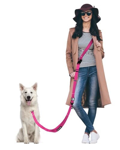 Hands Free Dog Leash & Car Seatbelt, 5.9-9.5ft Crossbody Dog Belt with Dual Soft Handles, Shock-Absorbing, 360° Clip, Reflective Design for Walking, Running, Hiking, Travel. (Rosered) - color: Rosered, size: Large-5.9-9.5ft