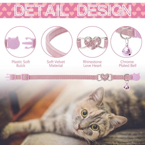 BINGPET Cat Collar Breakaway with Bell, Pack of 2 Heart Bling Collar Safety with Soft Velvet Adjustable for Kittens - color: Heart (Pink + Purple)-2pcs