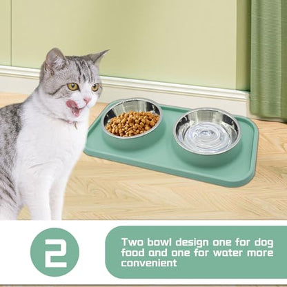 Double Dog Food Bowls Stainless Steel with No Spill Non Skid Silicone Mat Removable Dog Water and Food Bowls Set Durable Feeding for Small Dogs Puppy Cat Kitten(Blue) - color: 【Blue】