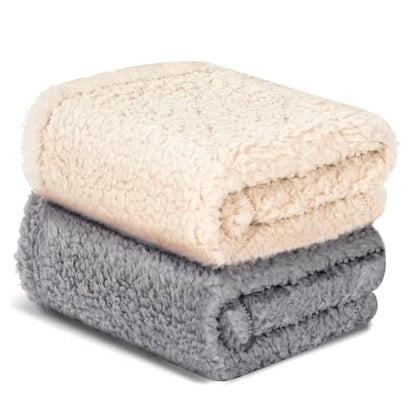 Cat Blanket for Small Dogs Puppy Cat Kitten, 16" x 24" Soft Warm Sherpa Fleece Cat Blanket Washable, Grey/Beige Pack 2