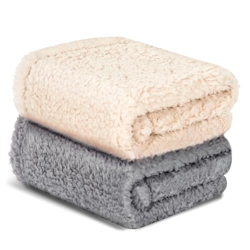 Cat Blanket for Small Dogs Puppy Cat Kitten, 16" x 24" Soft Warm Sherpa Fleece Cat Blanket Washable, Grey/Beige Pack 2