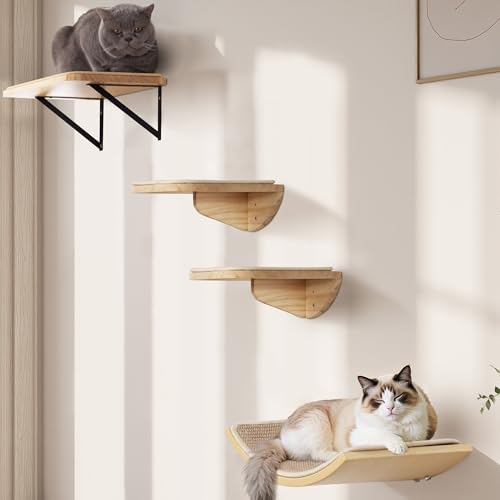 Wood Cat Wall Shelves with Sisal Cats Window Perch, Wall Mounted 4-Piece Cat Climbing Set with Curved Bed, Flat Perch and Sisal-Covered Steps - color: Sisal-Wood, size: 1 Curved Bed 1 Shelf 2 Steps