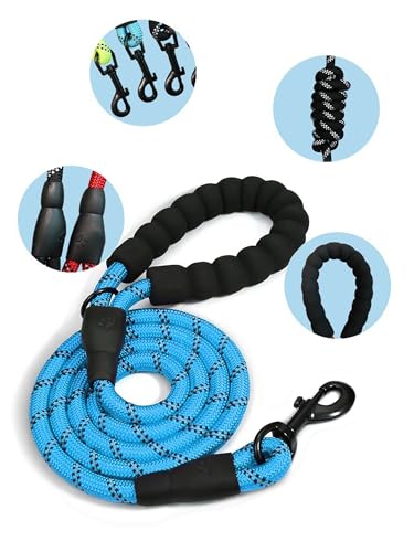 Rope Dog Leash 6 FT with Comfortable Padded Handle, Highly Reflective Threads Dog Leash for Medium Large Dogs, 1/2 inch, Blue - color: Blue