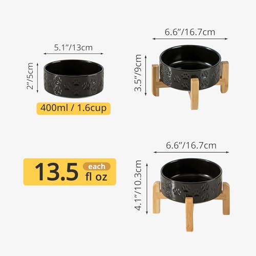 Elevated Ceramic Dog Bowls 2 Pack, 5.1" Individual Dog Bowl with 2 Fixed Height Stand, 1.6 Cup Food and Water Bowls for Toy Breed, Small-Breed Puppy (Double Bowls + Double Stands - Black, 5.1 inch) - color: Double Bowls + Double Stands - Black, size: Xs -
