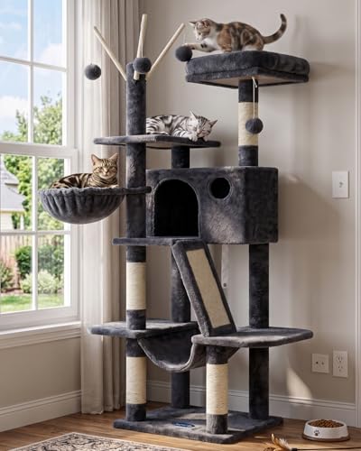 Hey-brother Cat Tree, 53 inch Cat Tower for Indoor Cats, Cat House with Padded Platform Bed, Toy Balls, Large Cozy Condo, Hammocks and Sisal Scratching Posts, Smoky Gray MPJ019-SG - color: Smoky Gray